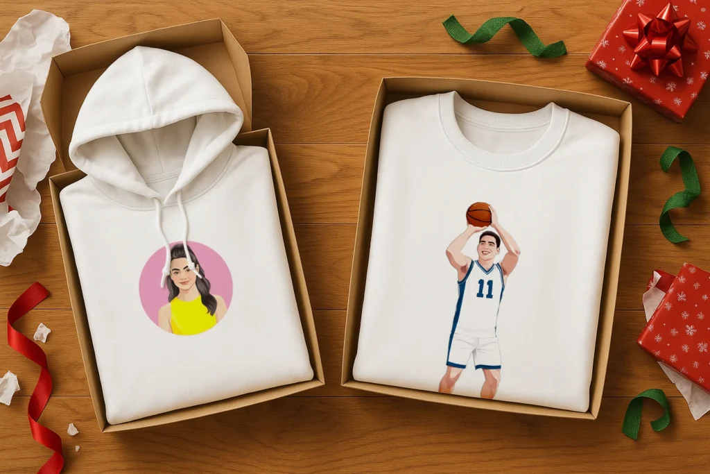 Christmas custom photo gifts — vector portrait on matching family sweatshirts and hoodies.