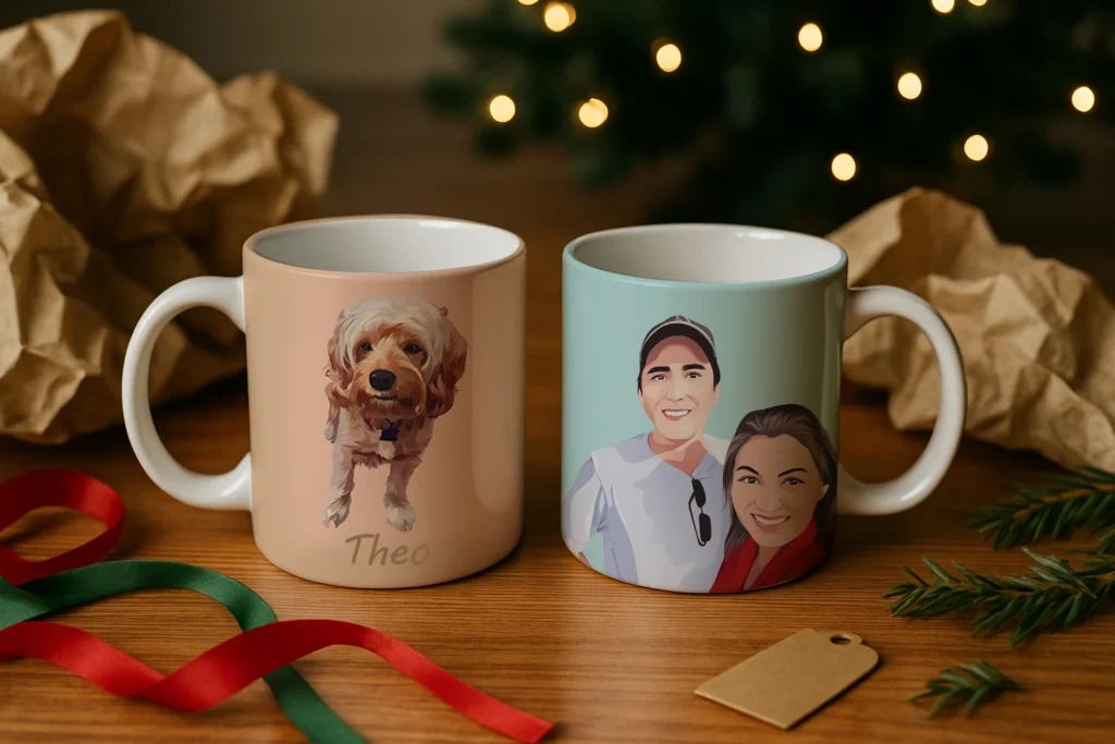 Custom photo mug with vector portrait and short message