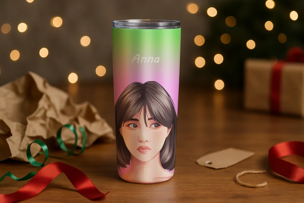 Custom photo tumbler (20oz) with hand-drawn vector portrait and straw lid