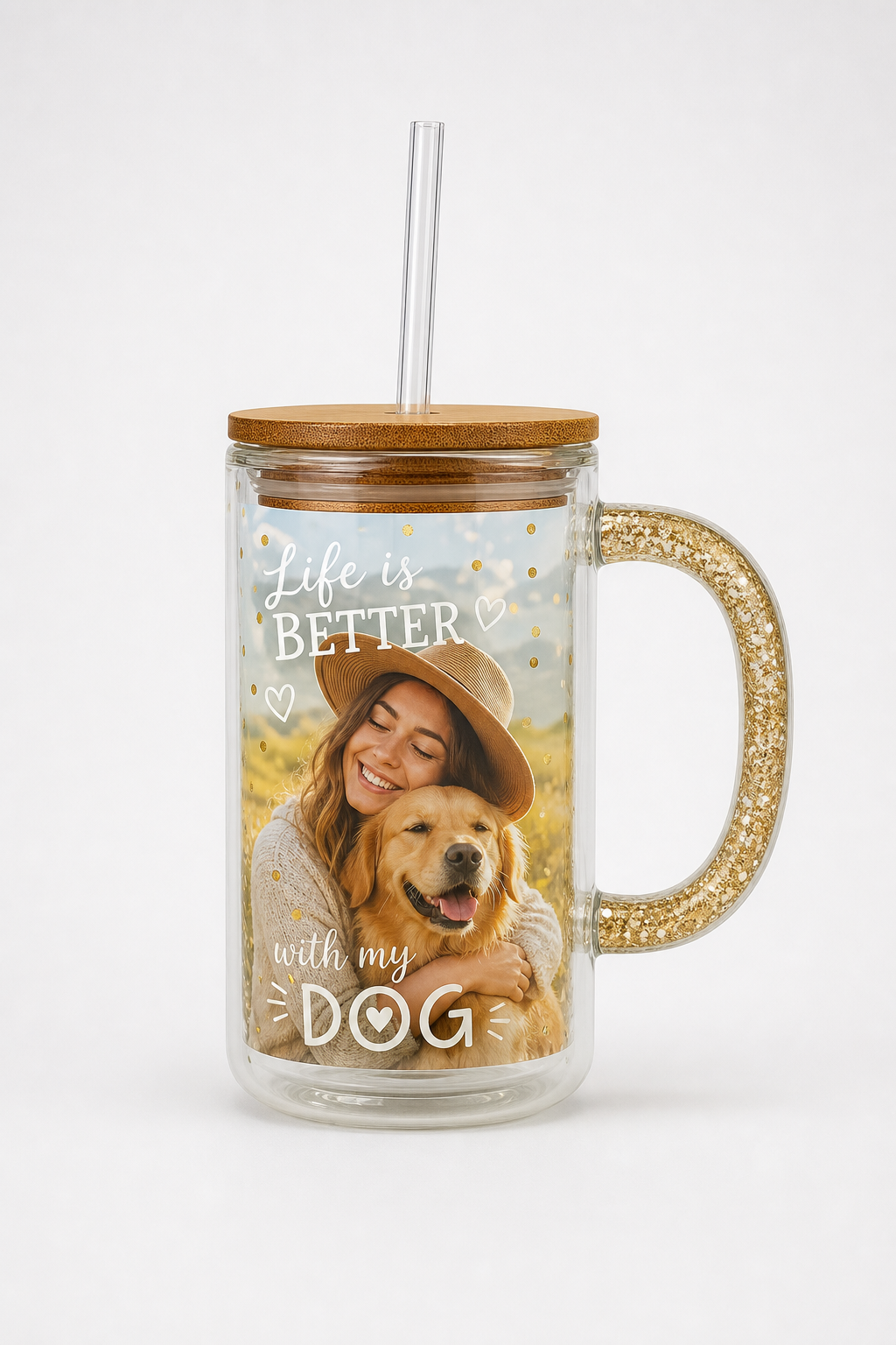 Custom 15oz Glass Coffee Mug Double-Walled 4 Custom 15oz Glitter Globe Glass Coffee Mug - Main image with graphic